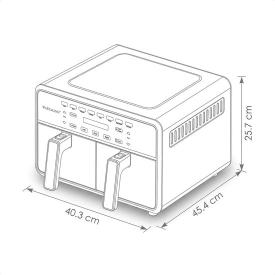 Dubbele Airfryer XXL 11L - PFAS-vrije Heteluchtfriteuse - Infrarood - Dual Zone - 2 x 5.5L - 40–200°C - 8 Kookprogramma's - 2850W - WM-2511 AF - Zwart
