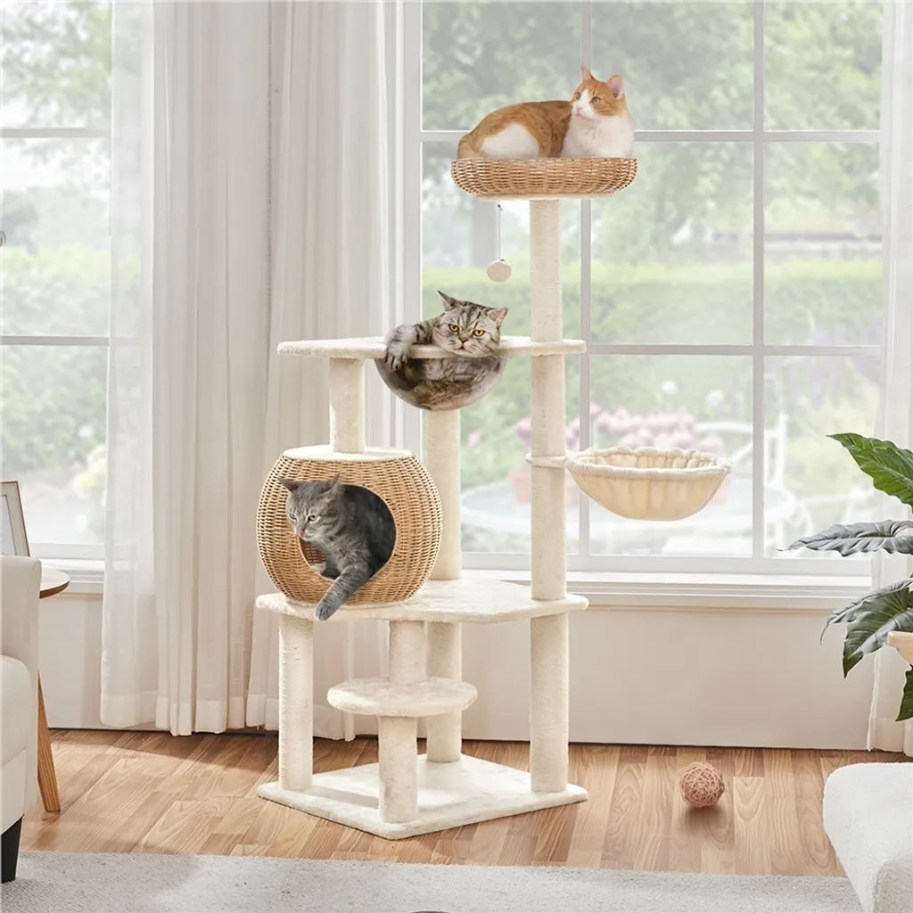 Yaheetech Krabpaal 137,5 cm Rattan met Kattenhuis, Beige