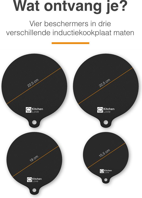 KitchenLove Inductie Beschermer - Mat Rond - 4 Stuks 3 Maten - Panbeschermer Matjes - Hittebestendig tot 240°C - Zwart