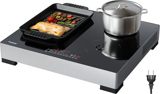 KitchenBrothers Inductie Kookplaat - Vrijstaande Inductieplaat - 60 cm - 4 Zones - 1x Flexzone - 1 Fase - Tot 3500W - Zilver/RVS