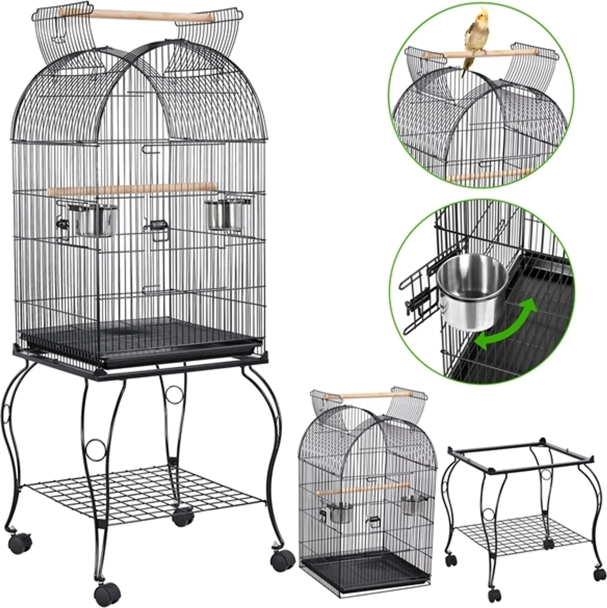 Yaheetech Vogelkooi - Parkieten en Papegaaien - 59,5x59,5x150 cm - Verrijdbaar - Afneembare Standaard - Zitstokken - Zwart