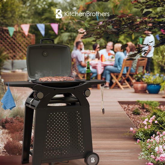 KitchenBrothers Gas BBQ - Staand en Tafelmodel Barbecue - Tafelbarbecue - Anti-aanbaklaag - 37x48 cm Grilloppervlak - Zwart