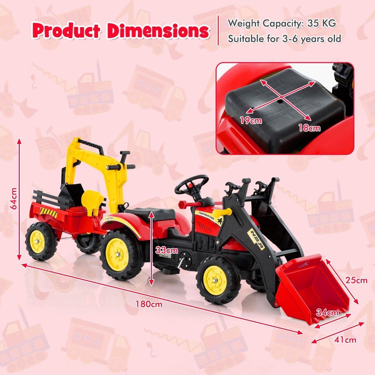 Coast Kinderzittractor - 3-in-1 graafmachine met afneembare aanhanger - 6 wielen - rood