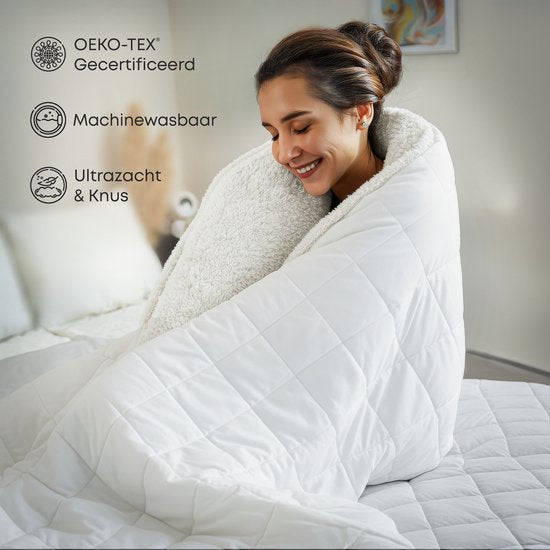 CozySense® Verzwaringsdeken 9 kg - Weighted Blanket - Zwaartedeken - GLASS-Flow® Drukverdeling - 135x200 - Flanelfluweel & Sherpa - Hypoallergeen - Wit