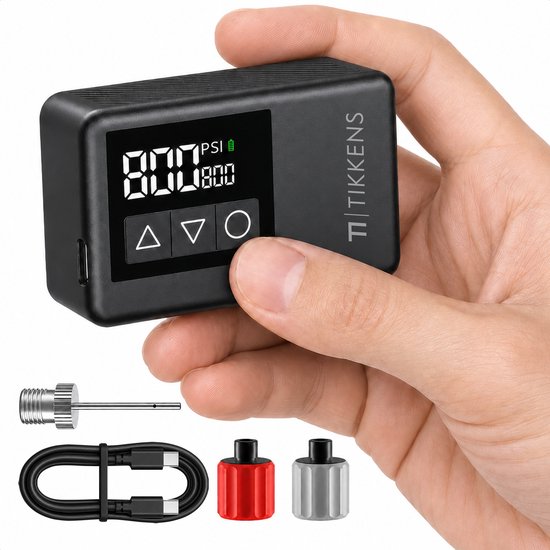 Tikkens® AirGo Elektrische Fietspomp XS - Mini Luchtcompressor - 118 gram - Draagbaar - Digitaal Display - Koersfiets - Racefiets - Gravelbike - Sportfiets - Stadsfiets - Mountainbike - Scooter - Fatbike - USB-C Oplaadbaar - Presta/Schräder/Dunlop