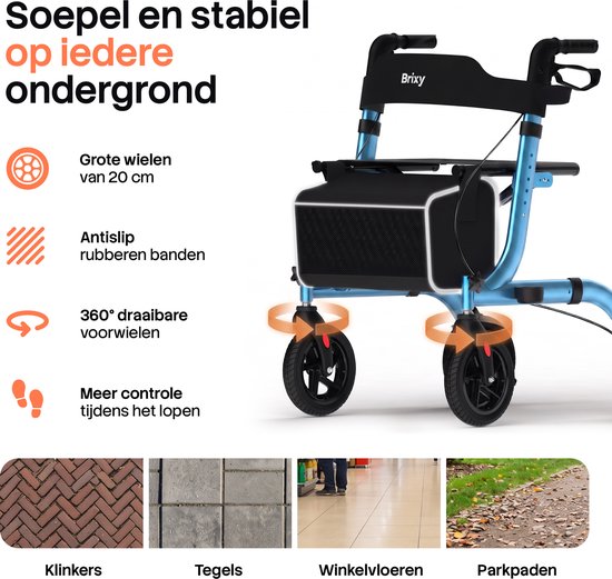 Brixy Rollator - Lichtgewicht & Opvouwbaar - 360° Rubberen Wielen - Zitfunctie - Binnen & Buiten - Rugleuning, Tas & Wandelstokhouder - Blauw