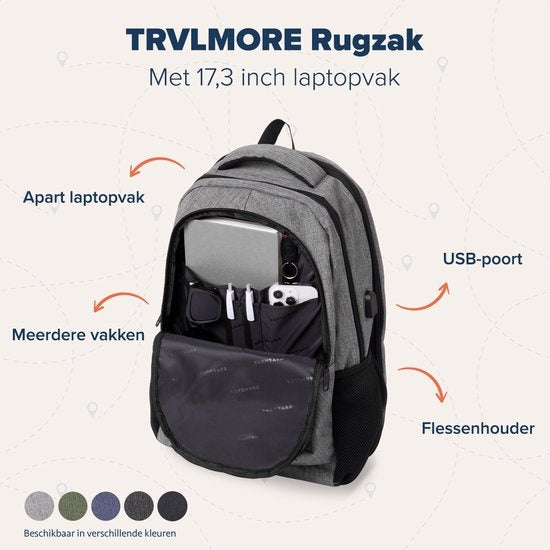 TRVLMORE Rugzak - 36L - 17 inch - Laptop Rugtas - Schooltas - Unisex - Spatwaterdicht Grijs