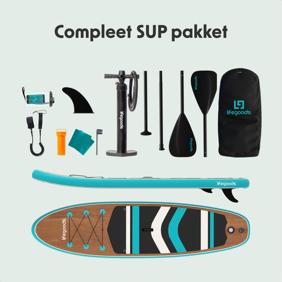 LifeGoods PaddlePro SUP Board - Opblaasbaar Paddle Board - Complete Set - Max. 150KG - 320x81cm - Hout/Blauw