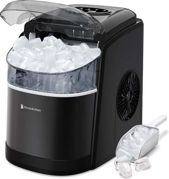 KitchenBrothers IJsblokjesmachine - 1.6L - 8 min. - 12kg/24u - Zelfreinigingsfunctie - IJsblokmaker met IJsschep - Zwart