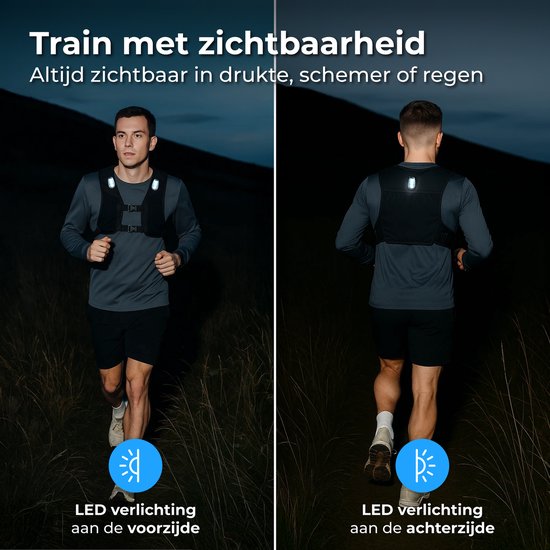 Nuvance Hardloopvest - 3x LED - Running Vest met Verlichting - Hardloop Vest - Loopvest incl. Waterfles en Telefoonvak - Universeel
