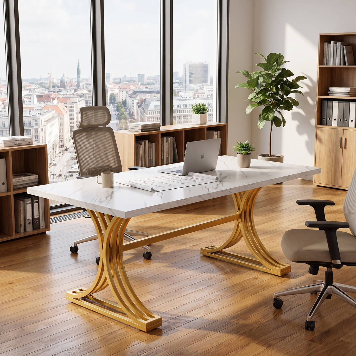 Lantine Vergadertafel 160 x 80 cm - Voor 4-6 Personen - Wit Kunstmarmer en Goud - Moderne Metalen Poten