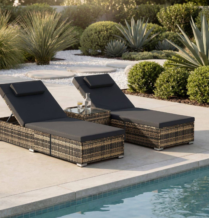 Tectake Wicker Tweepersoons Ligbed Carbonera - Natuur - 62 x 196 x 36 cm - Set van 2, met Bijzettafel
