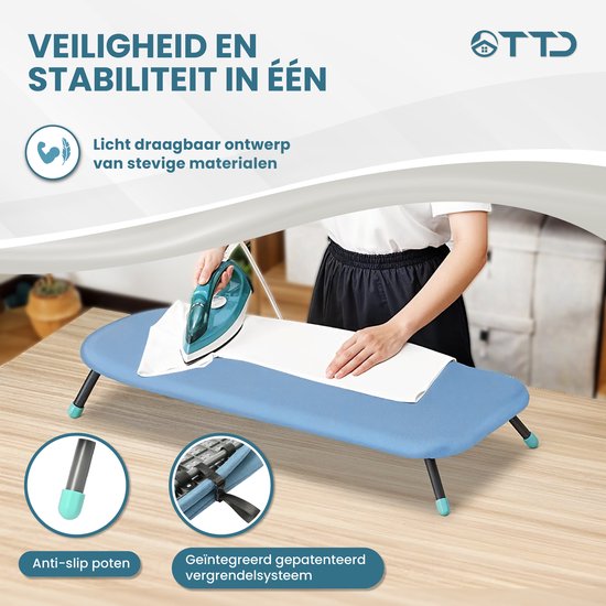 TTD® Uitklapbare Strijkplank Zonder Vouwlijn - Inclusief Mouwplankje en Ophanglus - Mini Strijkplank met Strijkijzerhouder - Opvouwbare Tafelstrijkplank - Kleine Inklapbare Strijkplank