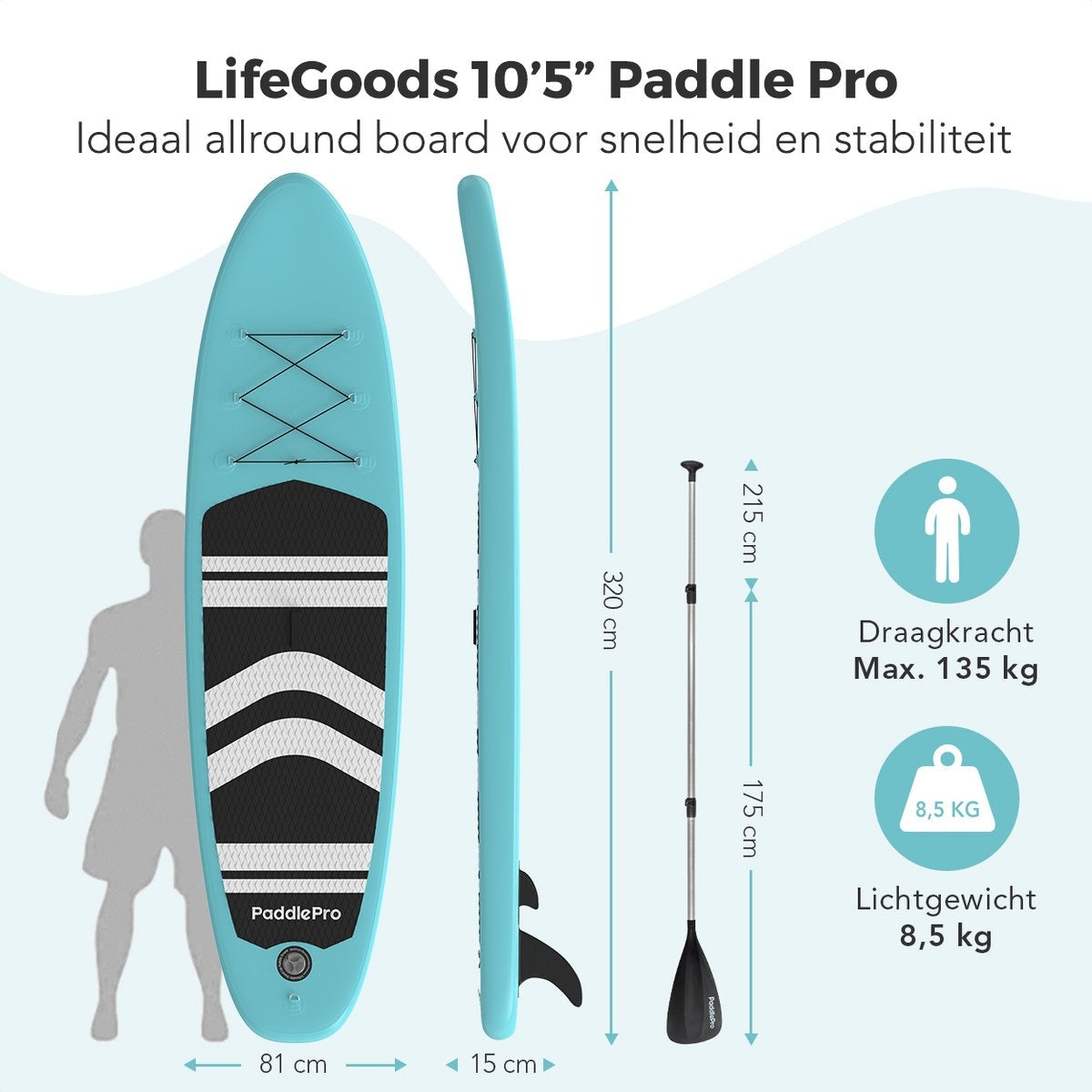 LifeGoods SUP Board - met Zitje - Opblaasbaar Paddle Board - Complete Set - Max. 135KG - 320x81cm - Mintgroen/Zwart