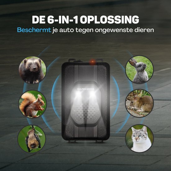 Vulpes Goods® Verjager - Marterverjager - Ongedierteverjager - Multifunctionele Set Binnen & Buiten - Batterijen, 12V & Auto accu - Marters, Muizen & Ratten - Steenmarter Verjager PRO - Incl. Batterijen