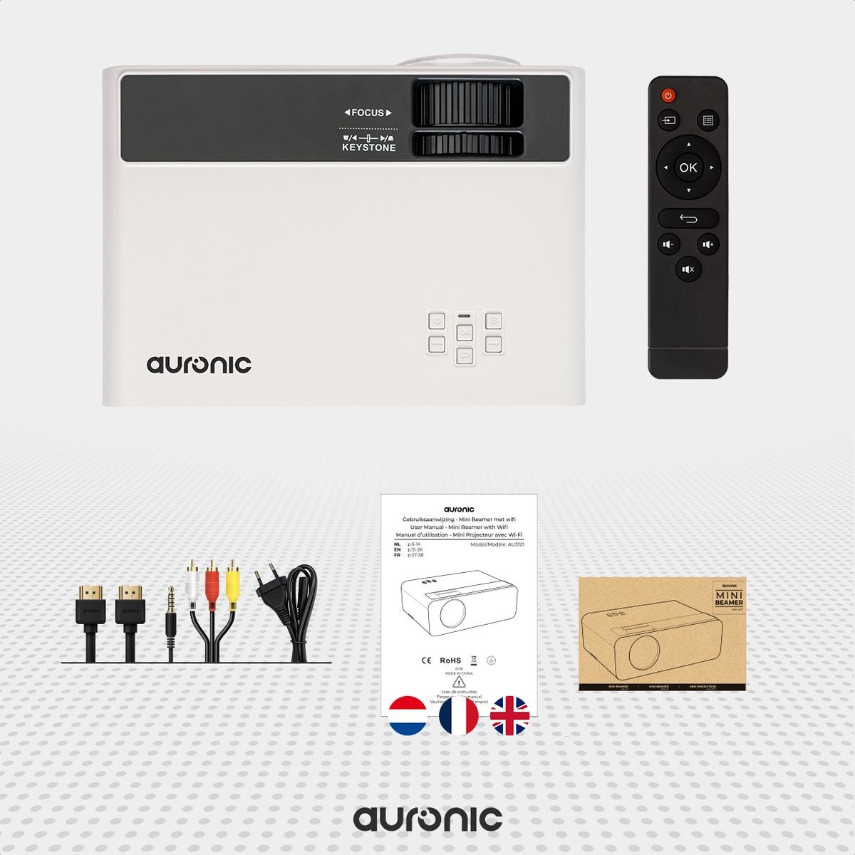 Auronic Mini Beamer - 4500 Lumen - WiFi - 200 inch Projector - HD Ready - HDMI-kabel, Afstandsbediening en Draagtas - Wit