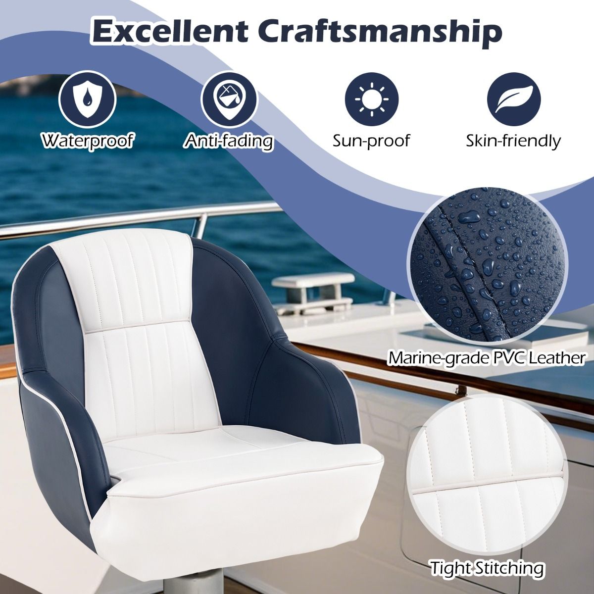 Coast Kapiteinsstoel voor boot - dikke schuimvulling - waterdicht PVC-leer - blauw en wit