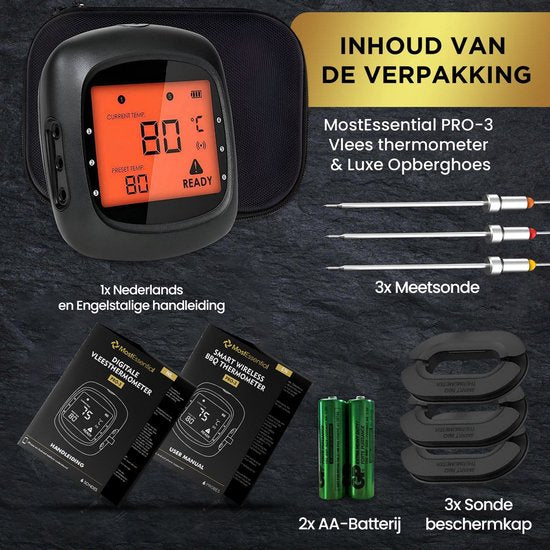MostEssential PRO-3 Digitale Vleesthermometer - BBQ Thermometer - Draadloos met App - Bluetooth 5.0 - 100M Bereik - Inclusief 3 Meetsondes & Luxe Opberghoes