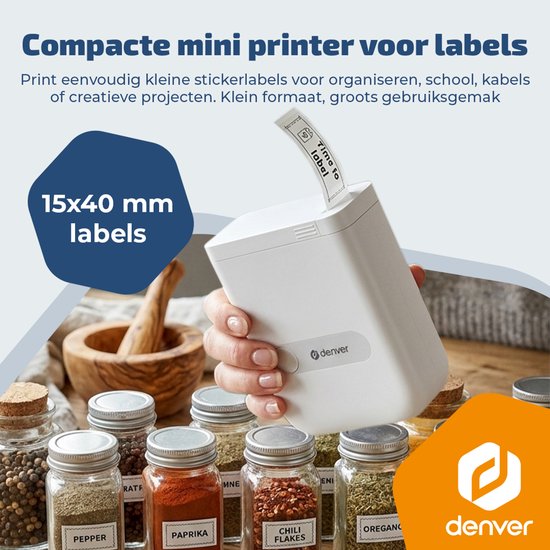 Denver Labelprinter - Bluetooth - Verbinding met smartphone - 15x40mm - Incl. 4 stickerrollen - MBP16