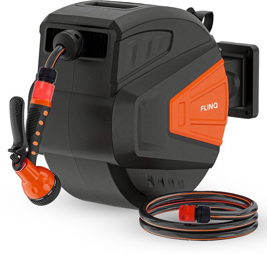 FlinQ Tuinslanghaspel 30 meter - Slanghaspel Automatisch - 180° draaibare Muurhaspel - Wandslangenbox met Tuinslang, Haspel en Sproeikop - 9 Sproeistanden