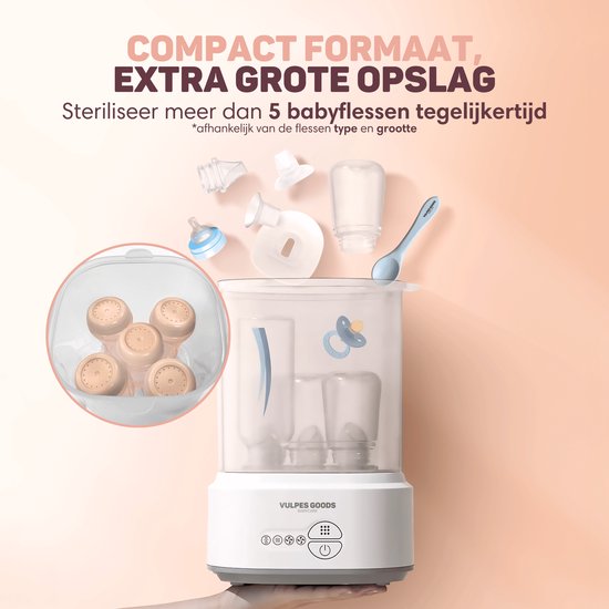 Vulpes Goods® - Flessen Sterilisator - 5-in-1 Functie - Met Droogfunctie & Warmhoudstand - Voor Babyflessen & Borstkolven - BPA-vrij - Kunststof & Wit