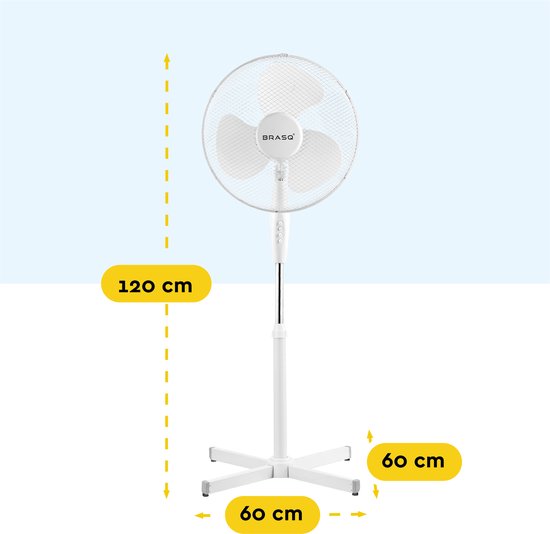 BRASQ Statiefventilator – 40 cm – Wit - In hoogte verstelbaar – 3 snelheden - 40 Watt