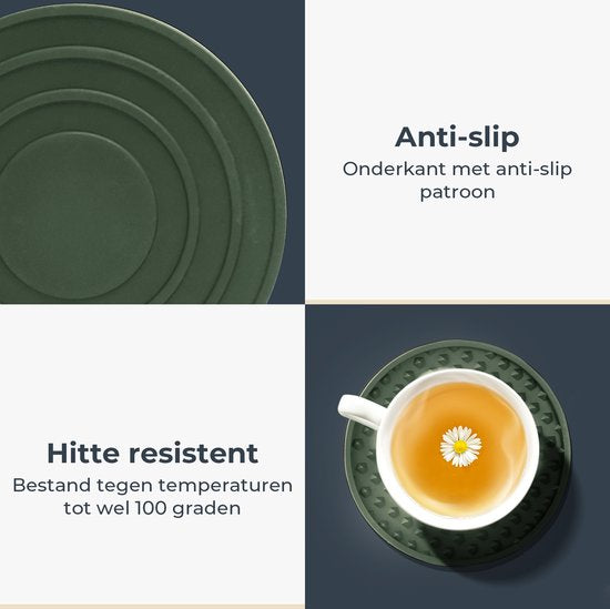Castagnola Siliconen Onderzetters – Onderzetters voor Glazen – Design Onderzetters met Houder – Onderzettersset – Anti Slip - Set van 6 – Groen