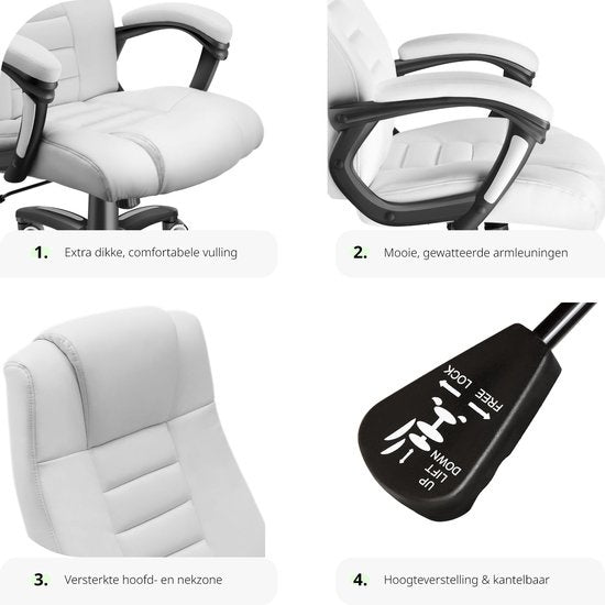 tectake® - Luxe directie Bureaustoel Burostoel Kantoorstoel - kunstleer - wit