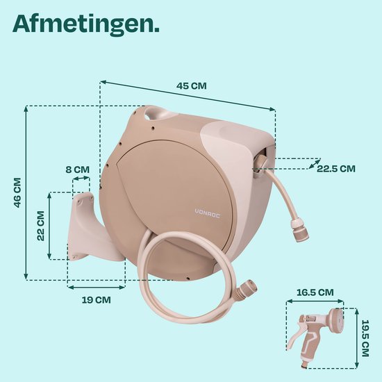 VONROC Automatische tuinslanghaspel – tuinslangbox voor aan de muur – Incl. 30m premium tuinslang, 8-standen sproeipistool en koppelingen – beige