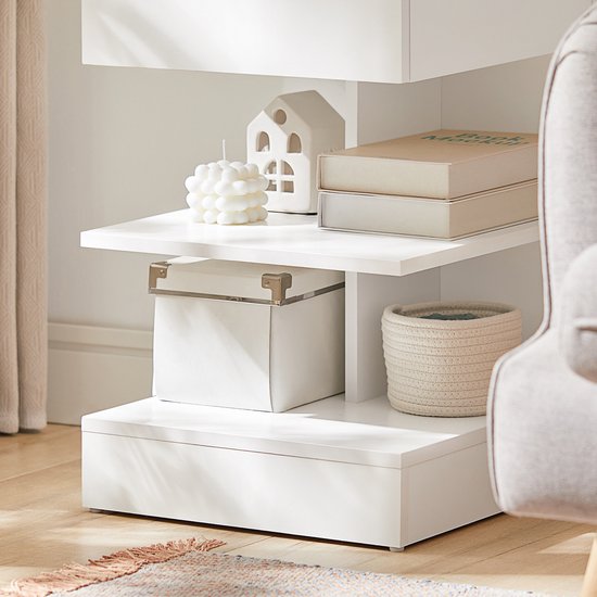 SoBuy Lot de 2 Bijzettafel, Nachtkastje met 1 Lade & 3 Legplanken, Scandinavisch Design Salontafel voor Woonkamer of Slaapkamer, Wit, 39x65x39cm, FBT49-Wx2