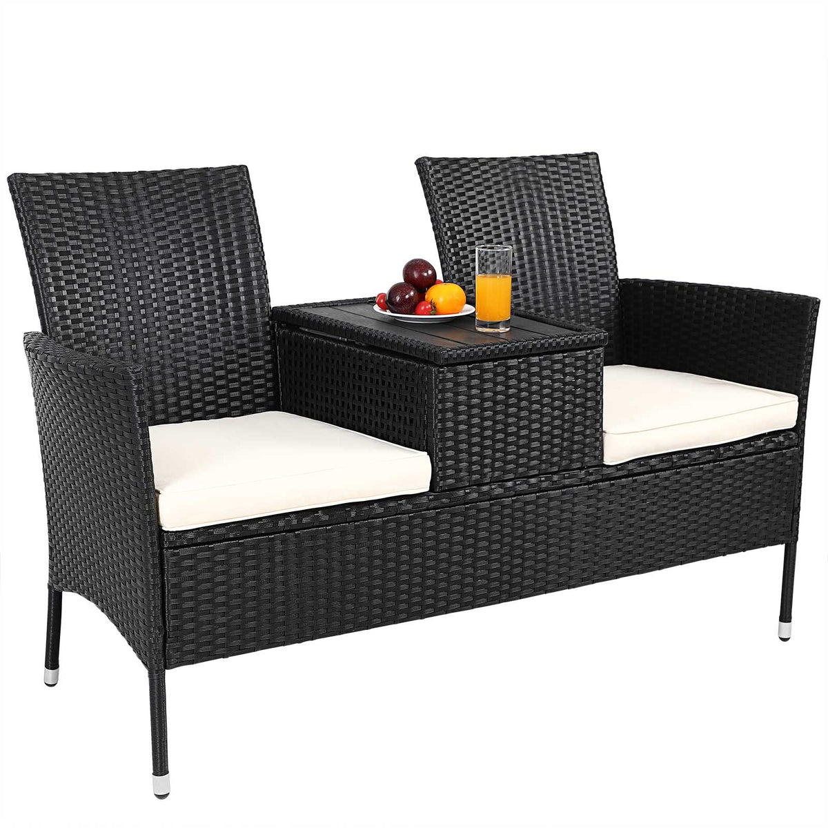 Casaria Tuinbank Polyrattan – 2 Zitter Incl. Tafel & Kussens – Zwart