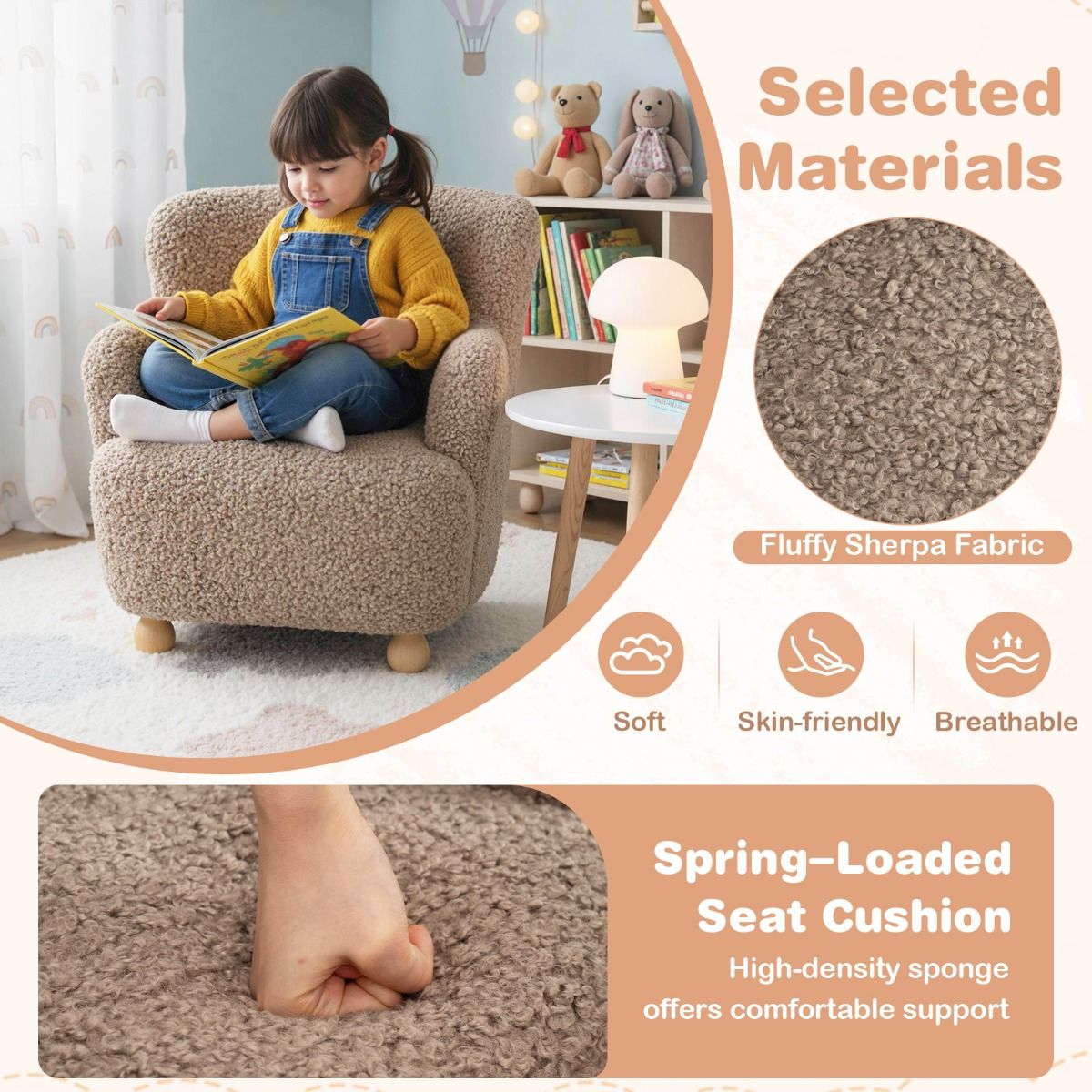 Coast Kinderfauteuil met rugleuning - houten poten - gestoffeerde kinderstoel - lichtbruin