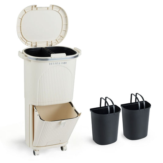 Coast Afvalscheidingsprullenbak op Wielen - 3 Compartimenten - Pedaal en Drukknop - Beige - 38 Liter