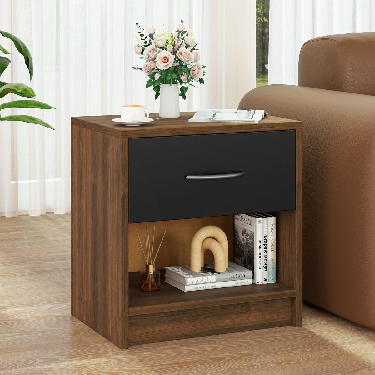Coast Nachtkastje - met lade en open opbergplank - compact design - bruin en zwart - 38,5 x 28 x 40,5 cm