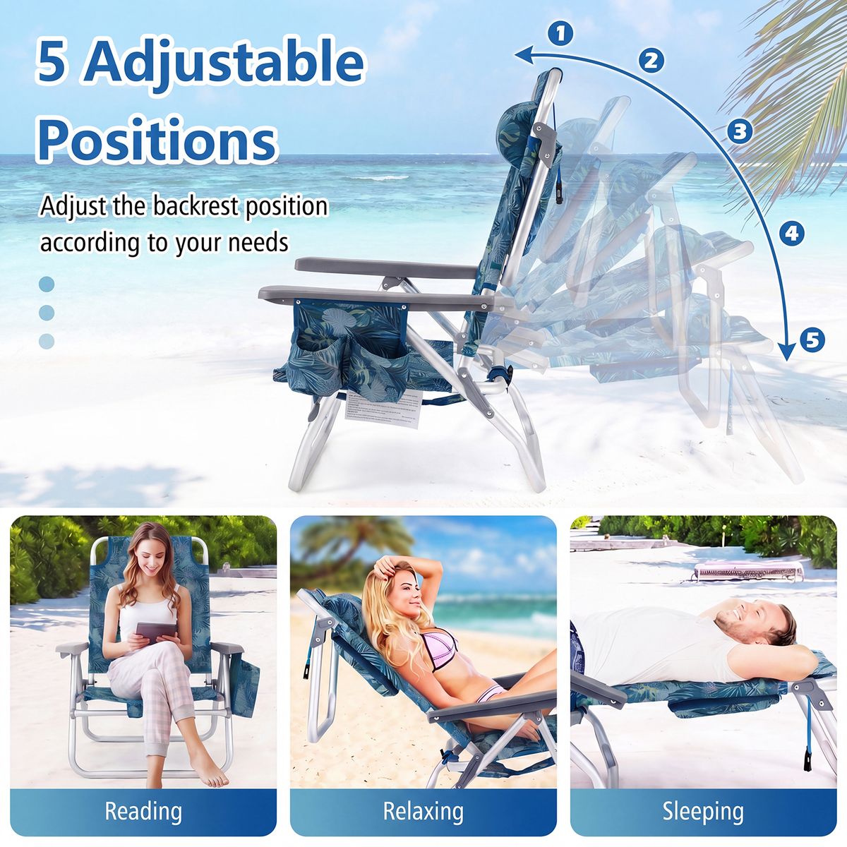 Coast Strandstoelen en Tafel Set - 5 standen verstelbaar - Opvouwbaar - Blauw - Set van 2 Strandstoelen en Tafel