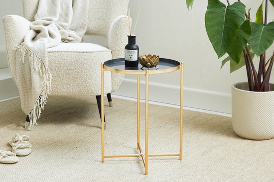 LIFA LIVING Bijzettafel Modern - Grijs & Gouden Koffietafel - Rond - Metaal - Voor Woonkamer, Slaapkamer of Kantoor - 37,5 x 47,5 cm