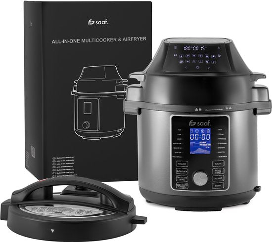 Multicooker met Airfryer - 15-Delige Set - 6L - 24 Automatische Programma's - Slowcooker, Rijstkoker, Stomer, Snelkookpan - Grijs - van Saaf