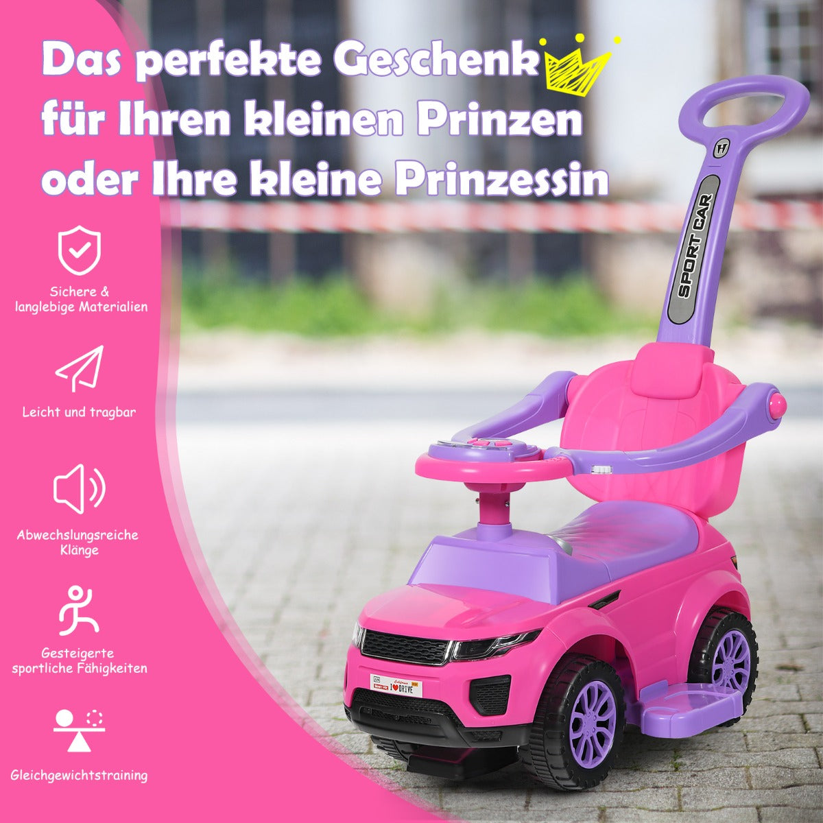coast 3-in-1 Loopauto - 89×43×84 cm - Roze - Duwauto - Loopwagen