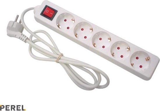 Perel Stekkerdoos met schakelaar, 5 stopcontacten met randaarde (type F), kabel 1.5 m, 3G1.5, gebruik binnenshuis, wit