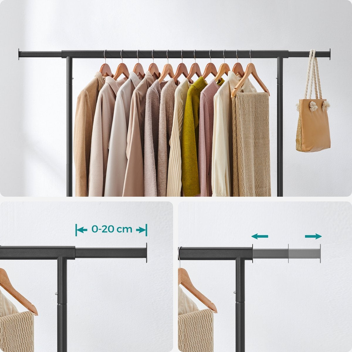O'DADDY® Kledingrek op wieltjes - Garderoberek - Uitschuifbare Hangstang - Stevig Ontwerp - Stabiel tot 130kg- Metaal - Zwart