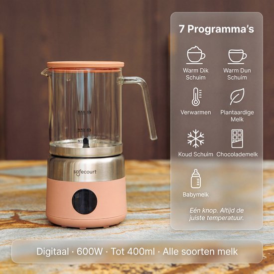 Safecourt Kitchen Glazen Melkopschuimer - Elektrische melkopschuimer - Glazen kan & PFAS-vrij - Vaatwasserbestendig - Roze