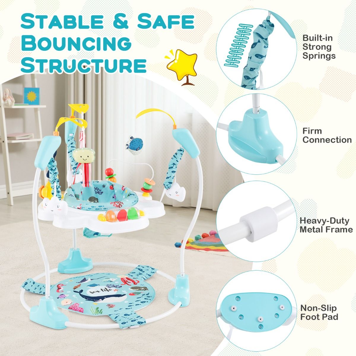 coast Baby Sky Jumperoo - Lichtblauw/Wit - 87x87x94 cm - 3 Hoogtes, 360° Draaibare Zitting & Interactief Speelcentrum
