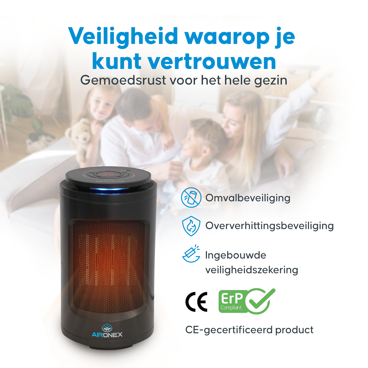 Aironex - Keramische Kachel - Model K1000 - 1200 W - Met Afstandsbediening & LCD-display - Omvalbeveiliging & Draaibaar - Kunststof - Zwart