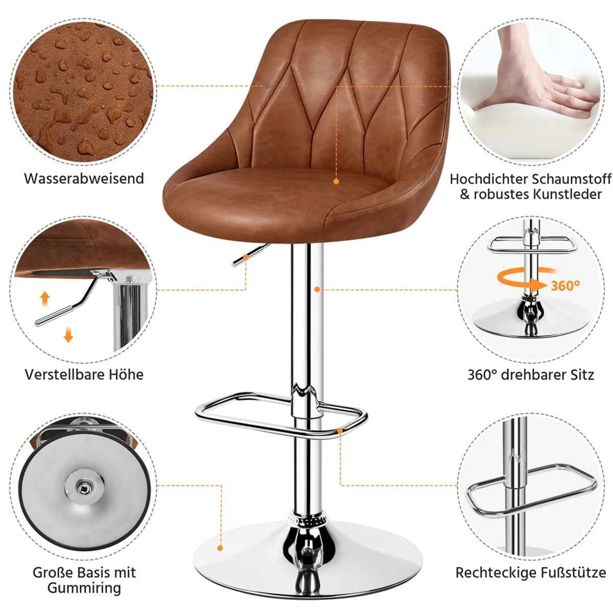 Yaheetech Set van 2 Verstelbare Barhocker / Barstoelen 86-107,5 cm – Sfeervol Bruin – Kunstleder en Metaal