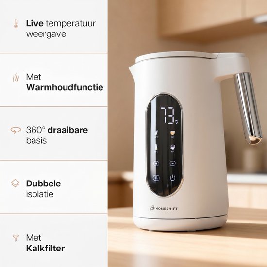 HomeShift® Waterkoker met Temperatuurregeling - Warmhoudfunctie - Dubbelwandig - Elektrisch - 1,7 Liter - 2200W - Wit