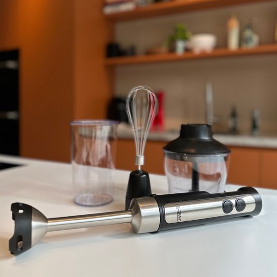 Bourgini Staafmixer - 4-delige Krachtige RVS Staafmixer set -20 snelheden - Garde - Hakmolen 600ml - Maatbeker 800ml - 1500W