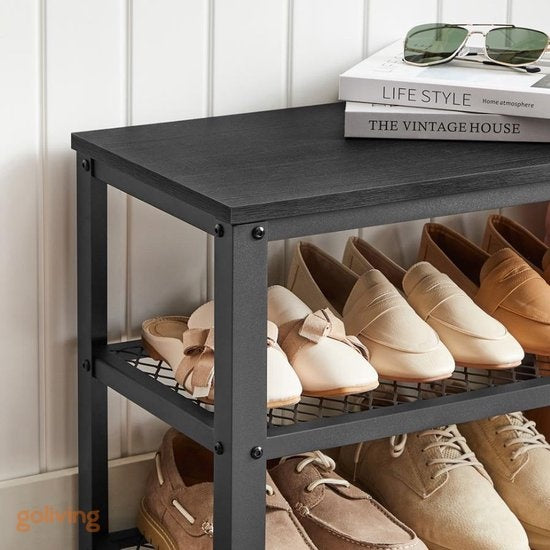 Goliving Schoenenrek – Schoenenbank – Halbank – Industrieel – 30 x 80 x 45 cm – Metaal – Zwart Hout