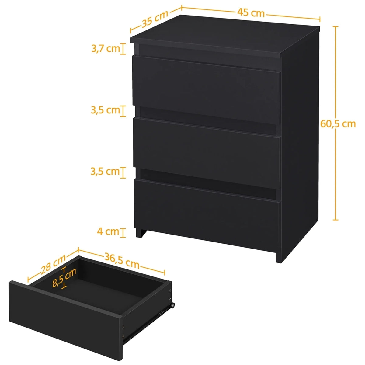 Yaheetech Stijlvol Nachtkastje met 3 Schuifladen 45,5x35,5x60,5 cm – Strak Zwart – MDF
