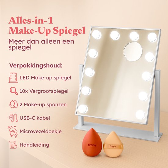 Fraay® Hollywood Spiegel met Verlichting 41x30cm - 3 Lichtstanden - Make Up Spiegel met 10x Vergrootspiegel - LED Verlichting Dimbaar - Incl. Beauty Blenders en Powder puff