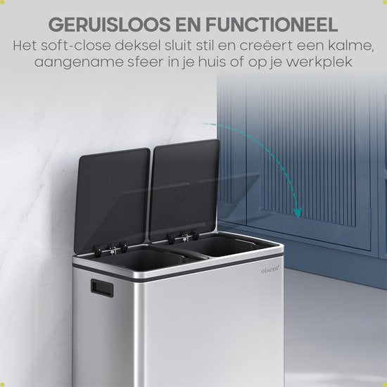 O'DADDY® Prullenbak - Afvalemmer – Duo Bin – 60 Liter – Soft-close – 58,6 x 32 x 65 cm – 2 Binnenemmers / Vakken - Afvalbak - Pedaalemmer 60L - Prullenmand - Vuilnisbak - Afvalscheiding Vuilbak – Inclusief 15 Afvalzakken – Elegant Zilver